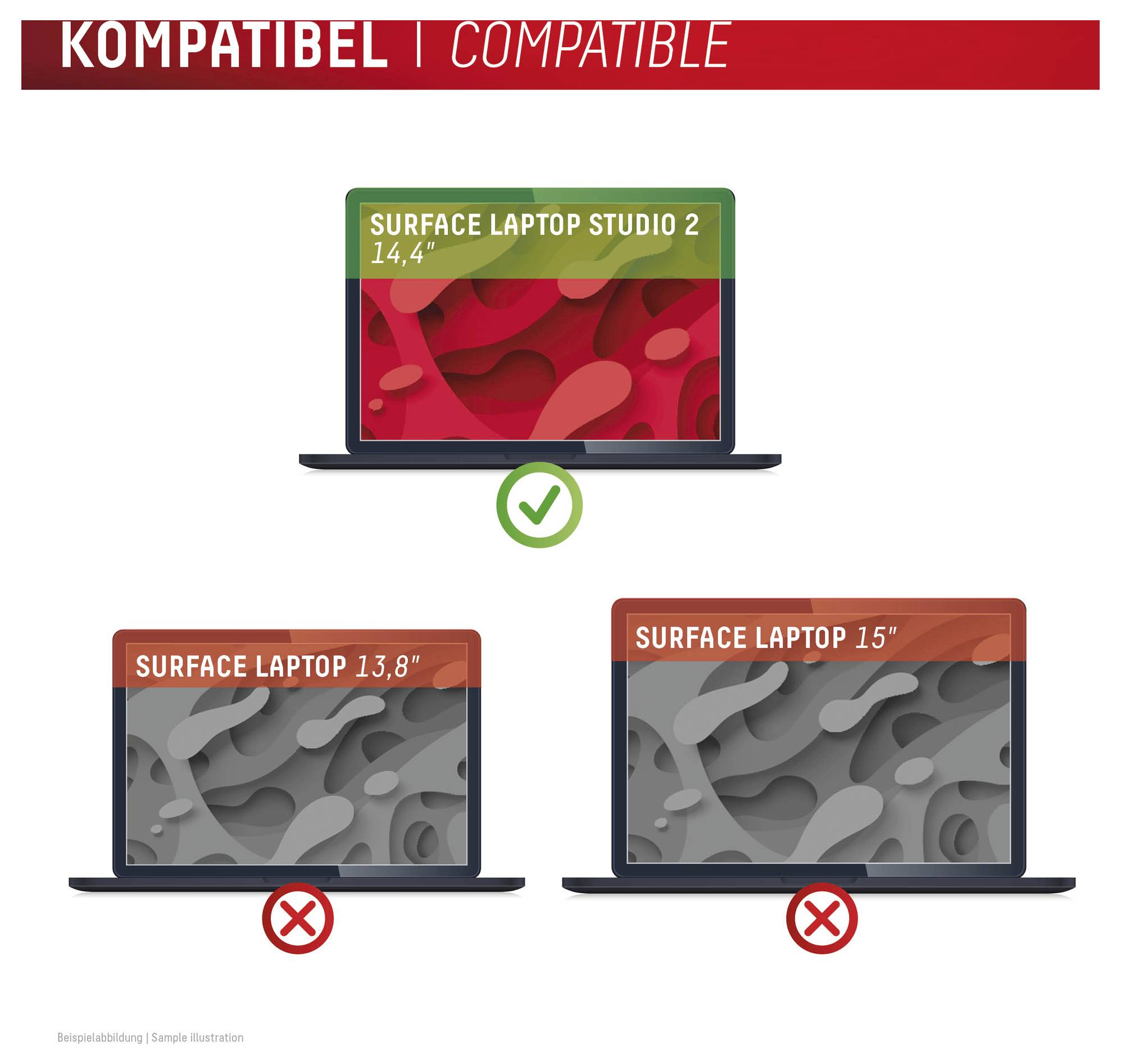 Tabulka „KOMPATIBEL | COMPATIBLE" ukazuje, že Surface Laptop Studio 2 (14,4 palce) je kompatibilní, zatímco Surface Laptop (13,8 a 15 palců) nejsou kompatibilní.