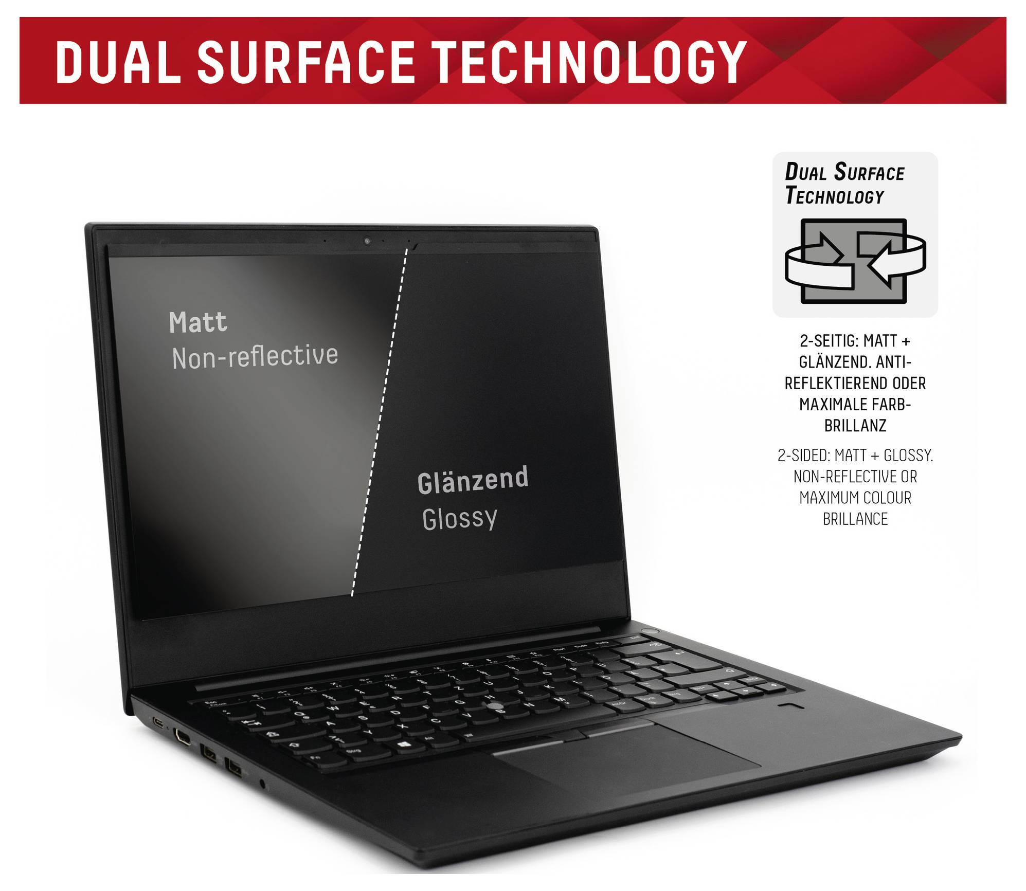 Obrazovka notebooku zobrazuje „Matt Non-reflective" a „Glänzend Glossy", což zdůrazňuje technologii Dual Surface Technology pro rozmanité povrchy obrazovky.