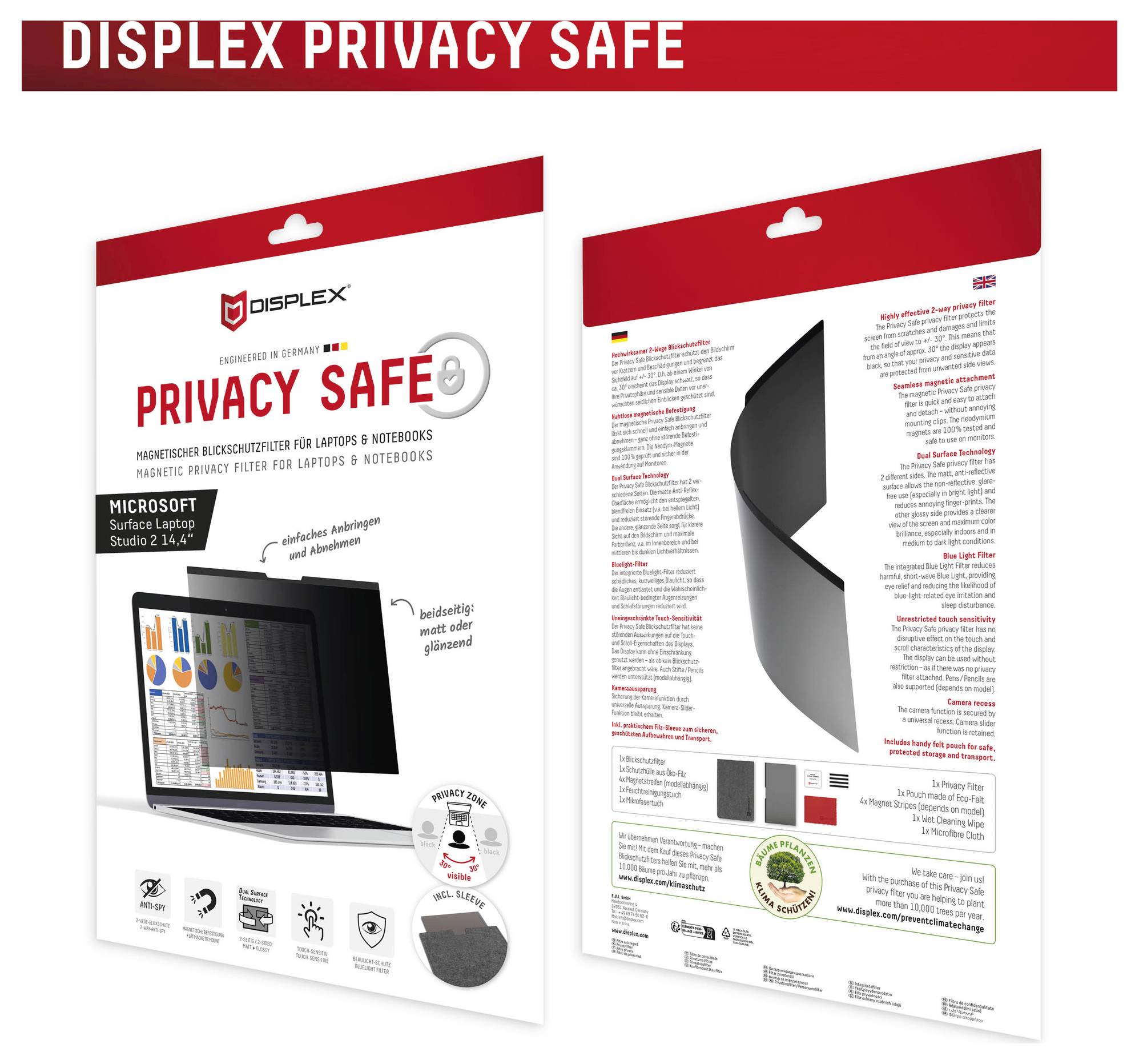 Přední a zadní pohled na ochranné filtry obrazovky "Privacy Safe" pro notebooky Microsoft Surface s pokyny k instalaci a výhody produktu.