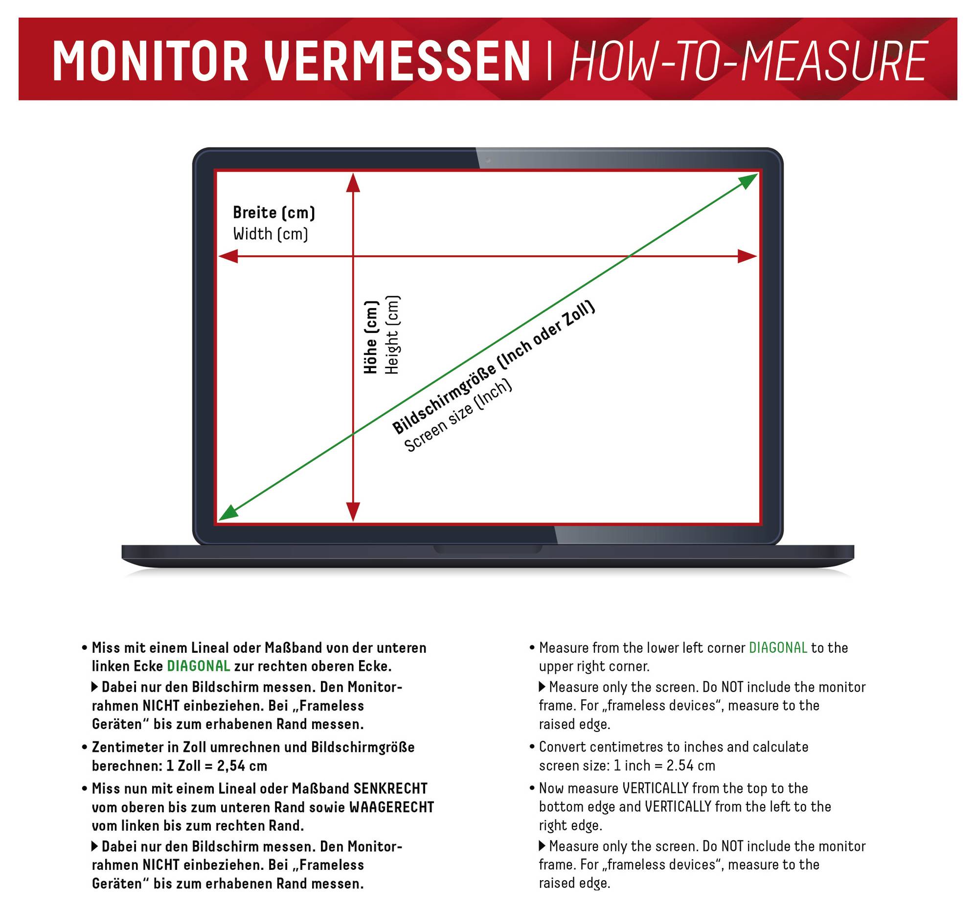 Diagram znázorňující, jak měřit monitor: použijte pravítko od spodního levého rohu diagonálně k hornímu pravému, bez zahrnutí rámu.
