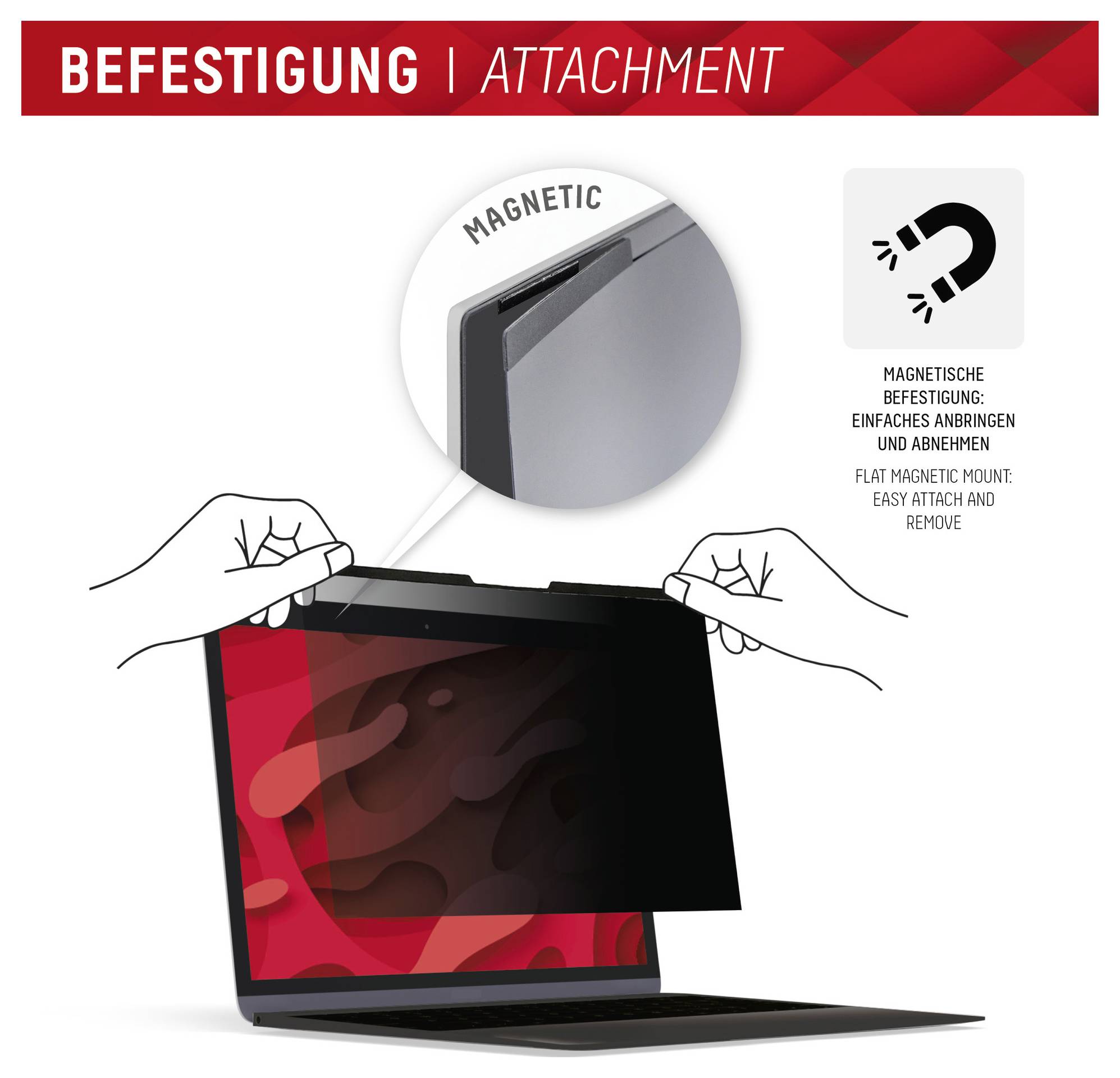 Demonstrace magnetického upevnění filtru obrazovky notebooku se zobrazením rukou instalujících filtr. Text: "Magnetické upevnění: snadné připojení a demontáž".