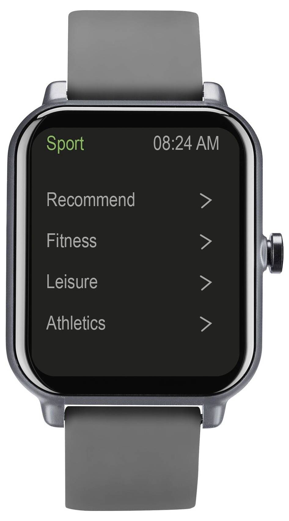 Displej chytrých hodinek zobrazuje "Sport" v horní části, čas "08:24 AM" a možnosti nabídky: "Doporučit," "Fitness," "Volný čas," "Atletika."