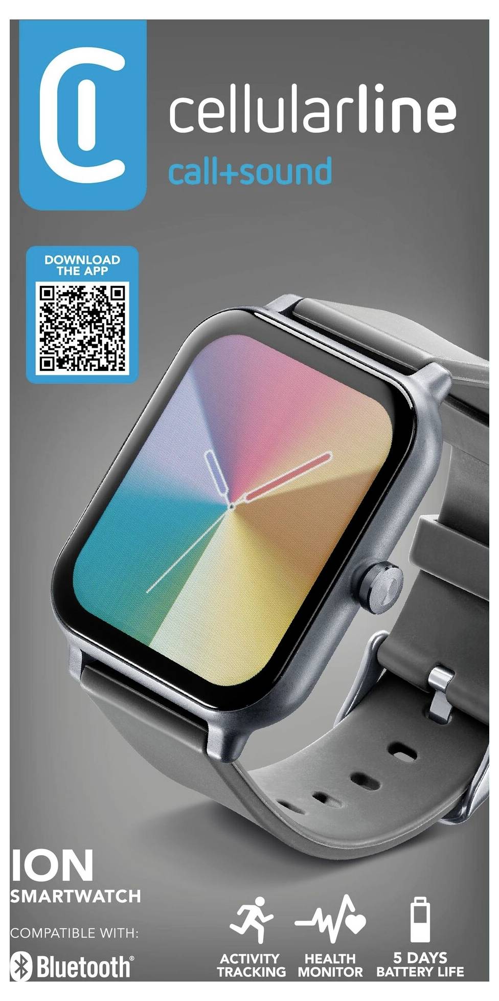 Balení 'Cellularline call+sound ION Smartwatch' zobrazující chytré hodinky s barevným displejem. Funkce: sledování aktivity, monitor zdraví, Bluetooth, výdrž baterie 5 dní.