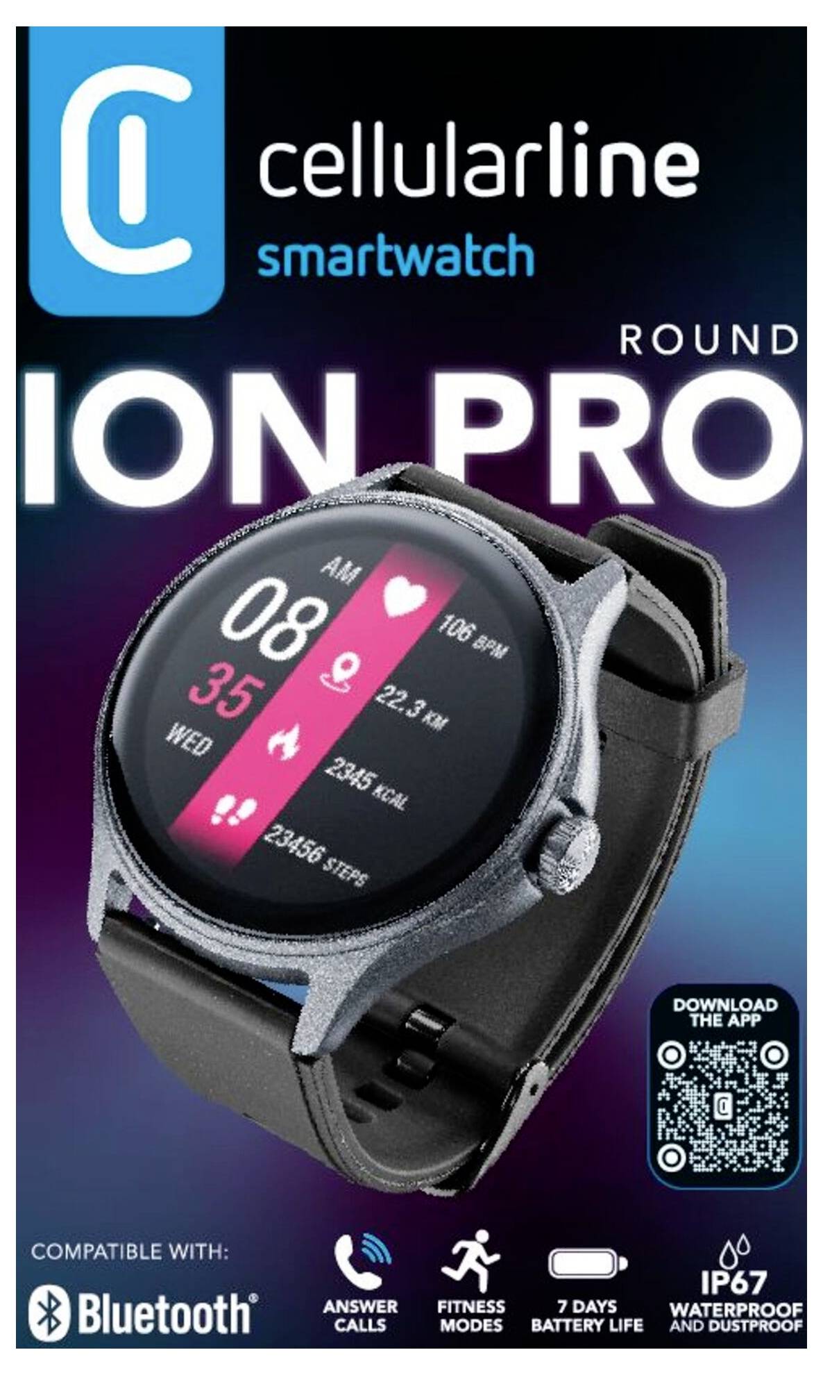 Balení pro chytré hodinky 'Cellularline Ion Pro'. Funkce zahrnují monitor srdeční frekvence, fitness režimy, vodotěsnost IP67, Bluetooth, baterie s výdrží 7 dní.