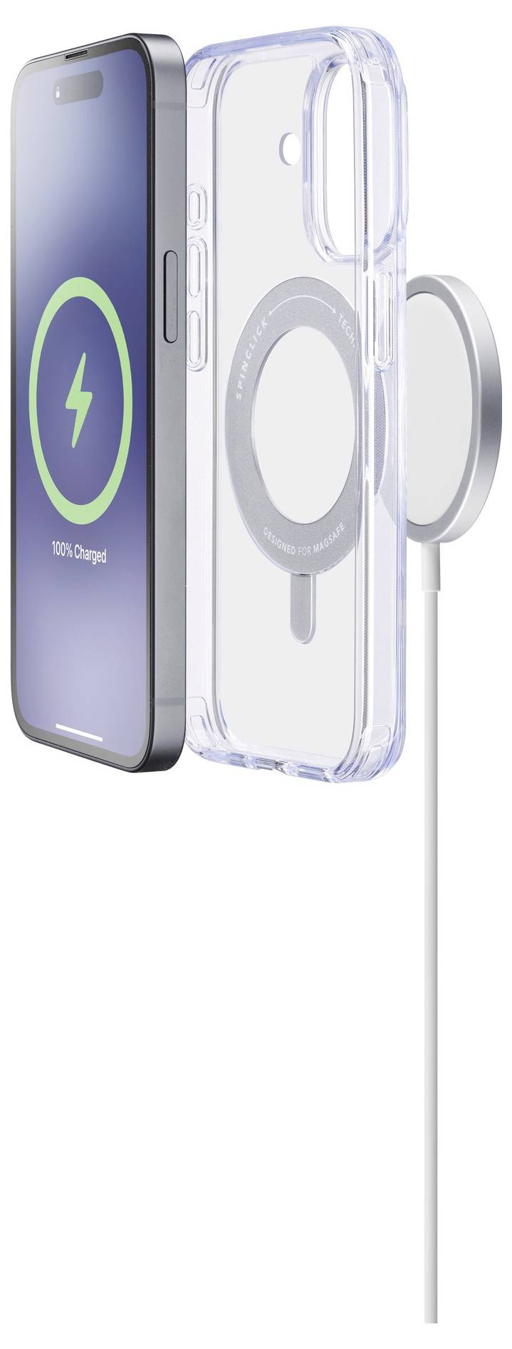 Chytrý telefon s animací nabíjení na displeji, čirý kryt ukazující kompatibilitu s magnetickým bezdrátovým nabíječem připojeným kabelem.
