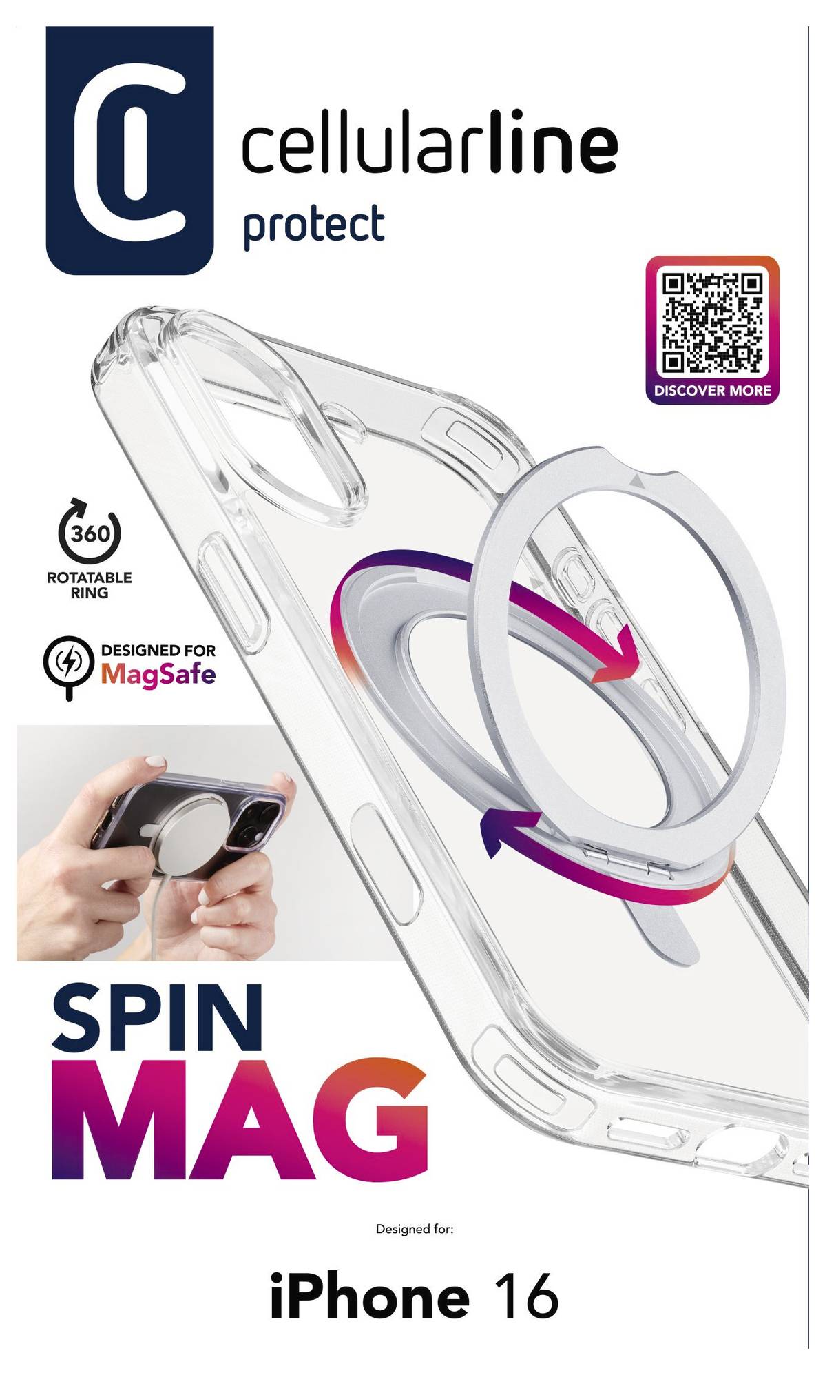 Pouzdro Cellularline Spin Mag pro iPhone 16, která vykazuje otočný krúžek o 360° a kompatibilitu s MagSafe a QR kódem pro další informace.