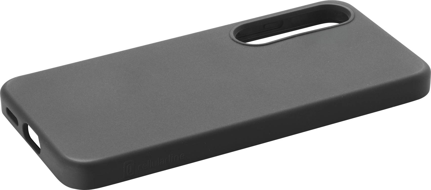 Černý kryt na telefon ležící ploché, navržený tak, aby chránil chytré telefony, s přesnými výřezy pro fotoaparát a tlačítka.