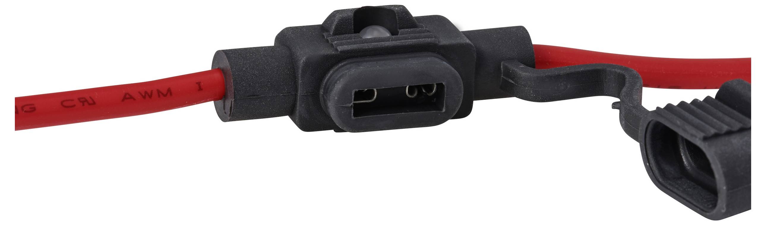 Detail zblízka černého plastového držáku pojistky inline s připojeným červeným vodičem, který zobrazuje dva kovové svorníky.