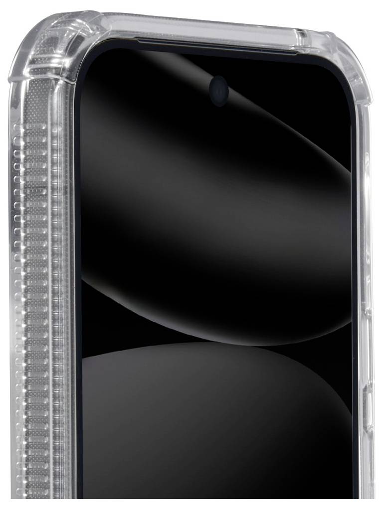 Detailní záběr smartphonu s průhledným, žebrovaným ochranným krytem po straně. Obrazovka je vypnutá a odráží okolní světlo.