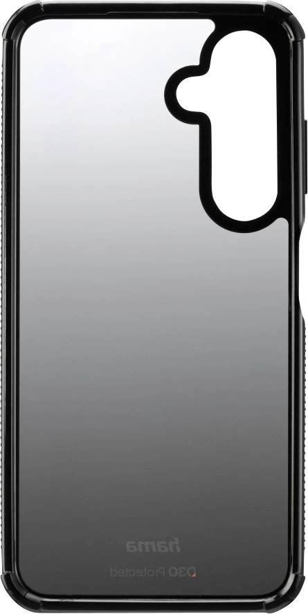 Průhledný kryt na telefon s černým lemováním, který má otvor pro fotoaparát a tlačítka, navržený pro konkrétní model smartphonu.