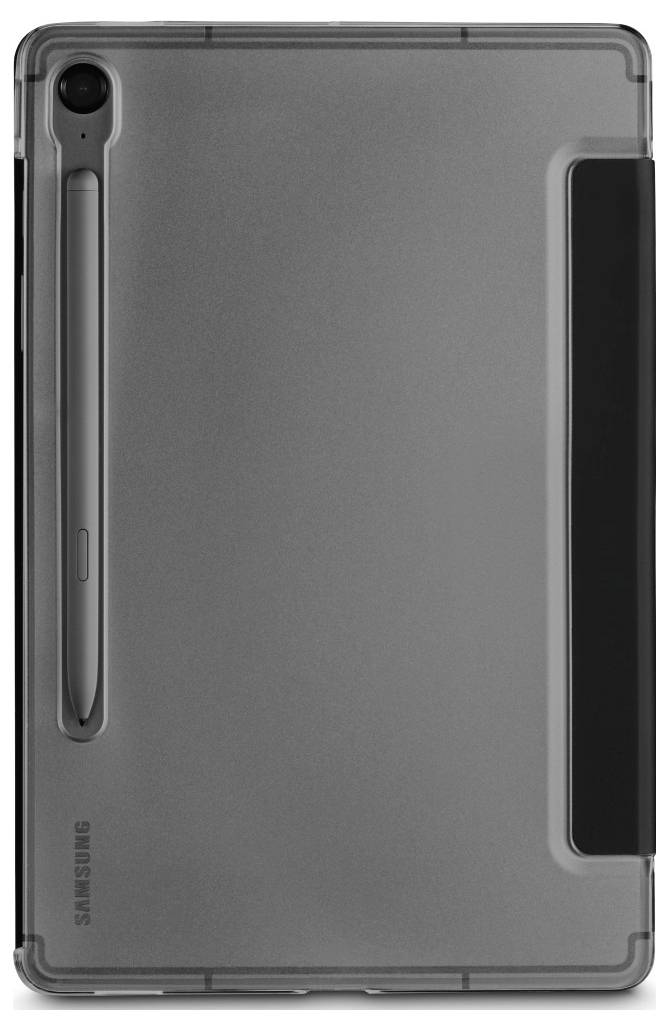 Šedý obal na tablet s úložným prostorem pro stylus. Pouzdro je navrženo pro zařízení Samsung a má transparentní a ochranný povrch.