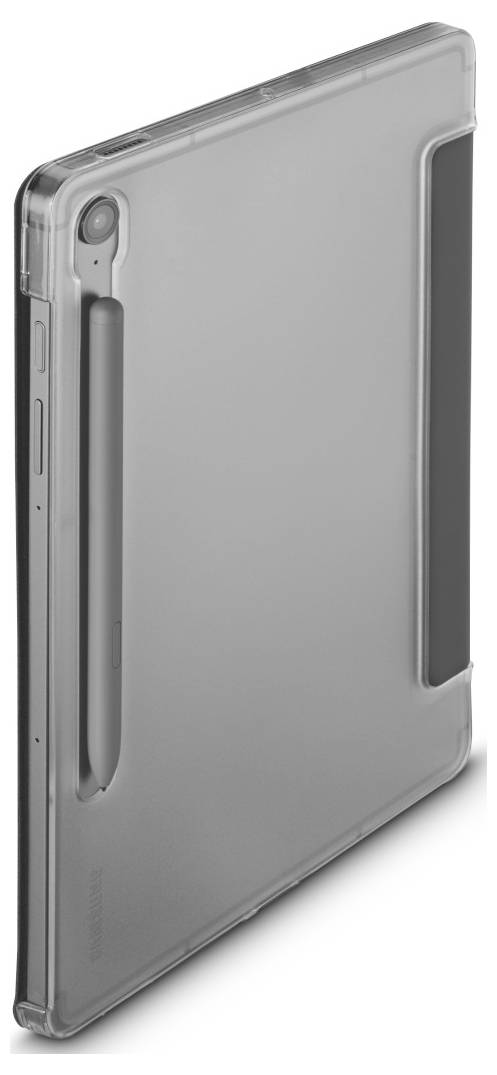 Tablet v průhledném pouzdře s integrovaným držákem na stylus, který ukazuje jeho štíhlý design a ochranné vlastnosti.