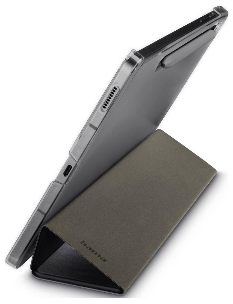 Tablet se stylusem v ochranném pouzdře umístěný vertikálně s trojúhelníkovým výklopným stojánkem, zobrazující boční porty a tlačítka.