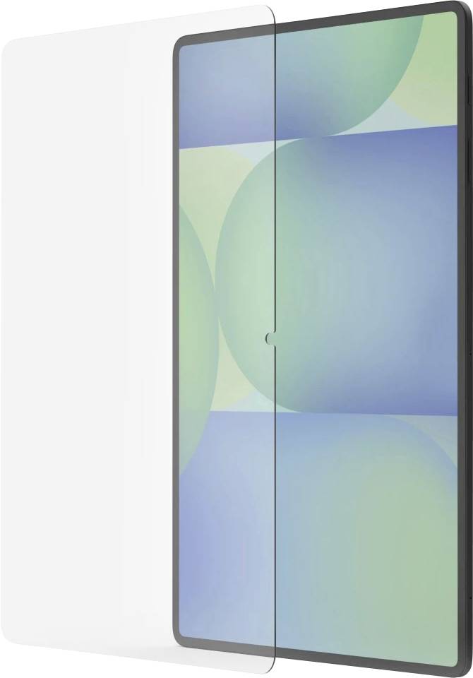 Průhledná fólie na obrazovku lehce nakloněná před smartphonem zobrazujícím modro-zelené abstraktní tapety.