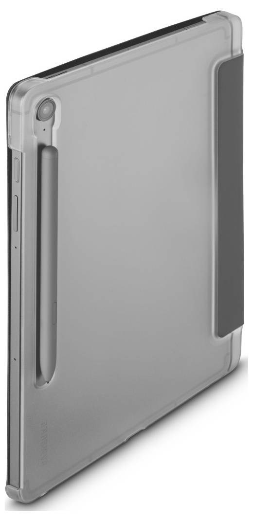Elegantní tablet s ochranným pouzdrem, které má na zadní straně držák na pero, zvýrazňující jeho praktický design zaměřený na pohodlí a funkčnost.