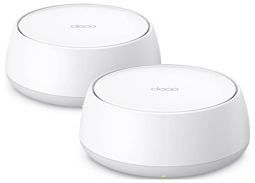 Dva bílé, kulaté Wi-Fi routery umístěné vedle sebe, oba označené nápisem „deco" na horní straně, navržené pro domácí síťové připojení.