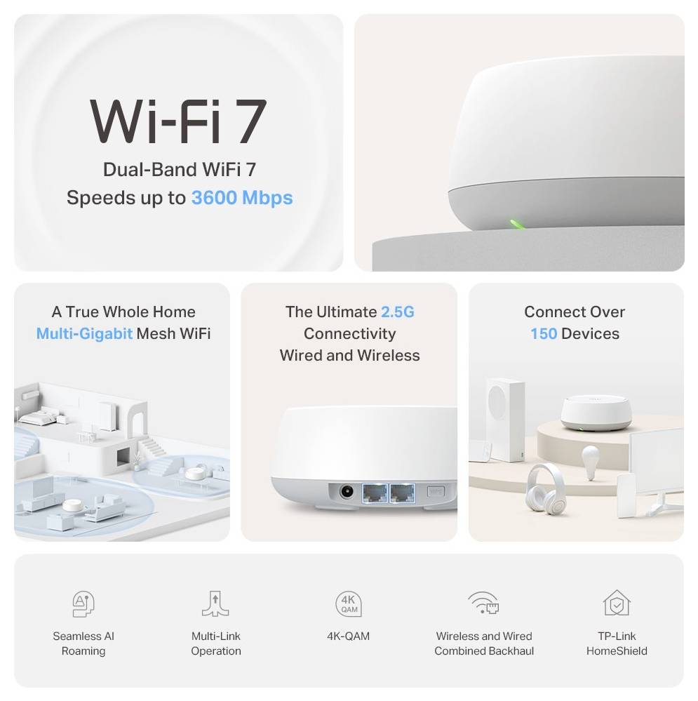 Wi-Fi 7: Duální pásmo WiFi 7 s rychlostí až 3600 Mbps. Funkce zahrnují multi-gigabitovou síť mesh, 2,5G připojení a podporu pro více než 150 zařízení.