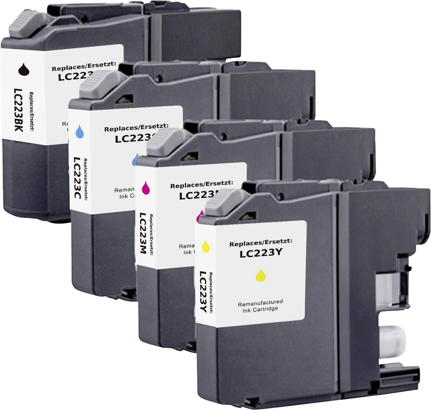 Čtyři náhradní inkoustové kazety označené LC223BK, LC223C, LC223M a LC223Y, zobrazené naskládané diagonálně na bílém pozadí.