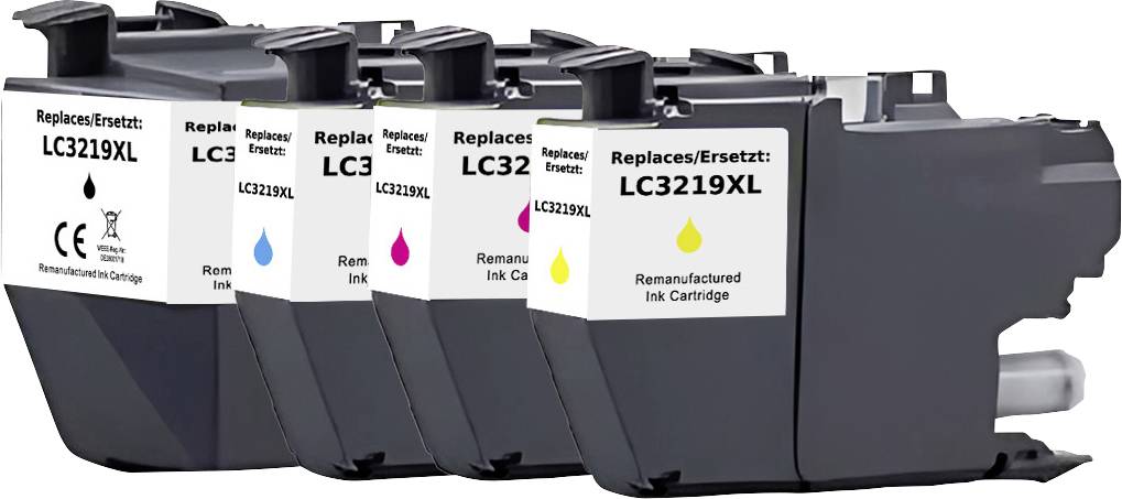 Čtyři renovované inkoustové kazety označené „LC3219XL" v černé, azurové, purpurové a žluté barvě, seřazené vedle sebe.