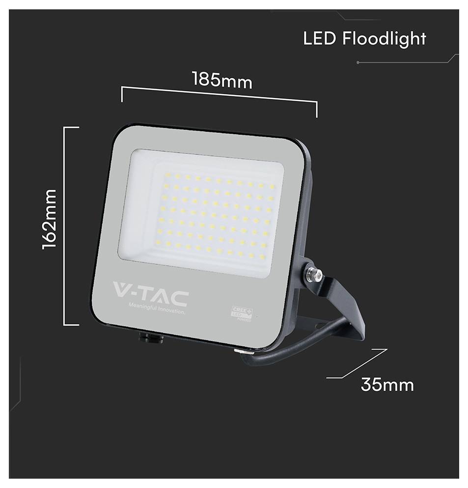 LED reflektor s rozměry: 185 mm šířka, 162 mm výška a 35 mm hloubka. Značka výrobce viditelná na přední straně.