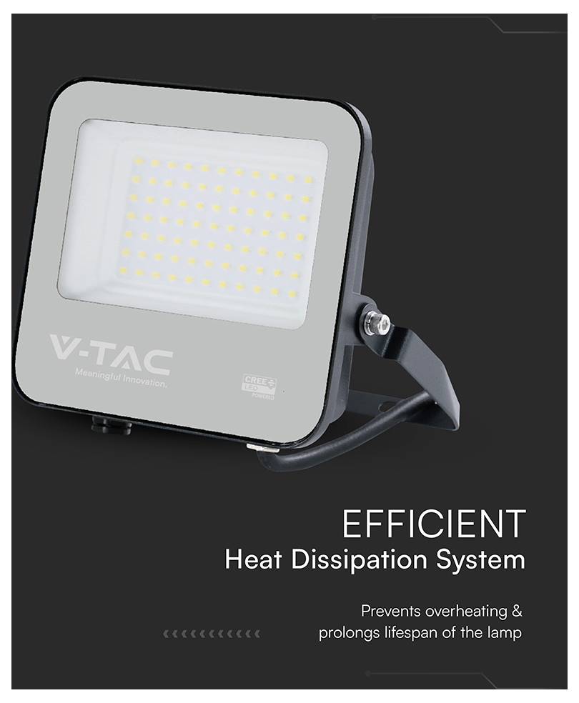 LED reflektor s brandingem 'V-TAC', vybavený systémem odvodu tepla. Text: 'Brání přehřívání a prodlužuje životnost lampy.'