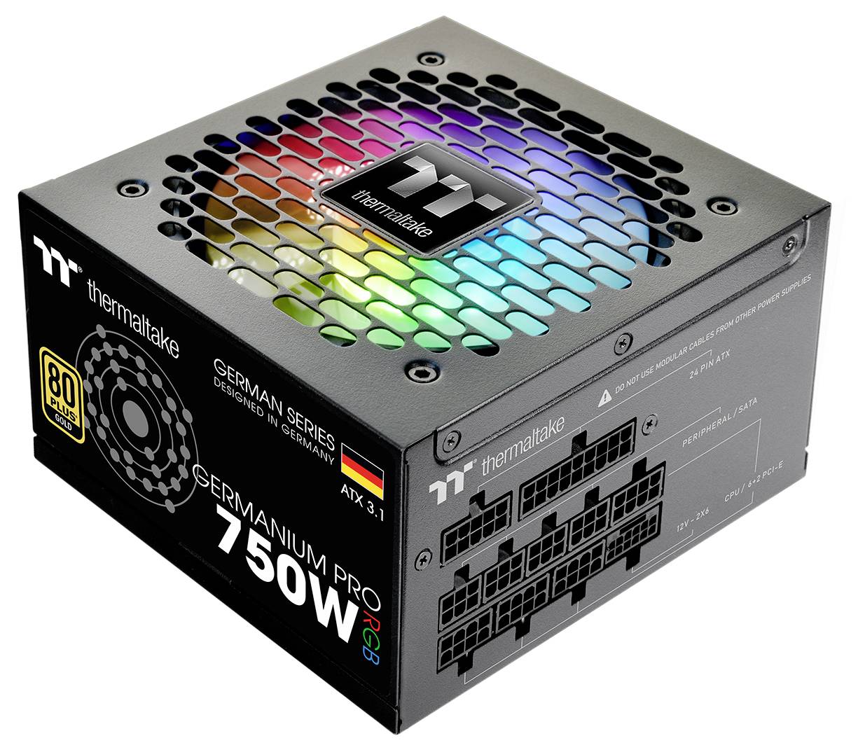 'Napájecí zdroj Thermaltake Germanium Pro 750W s RGB osvětlením a několika napájecími konektory, s certifikací energetické účinnosti 80 Plus Gold.'