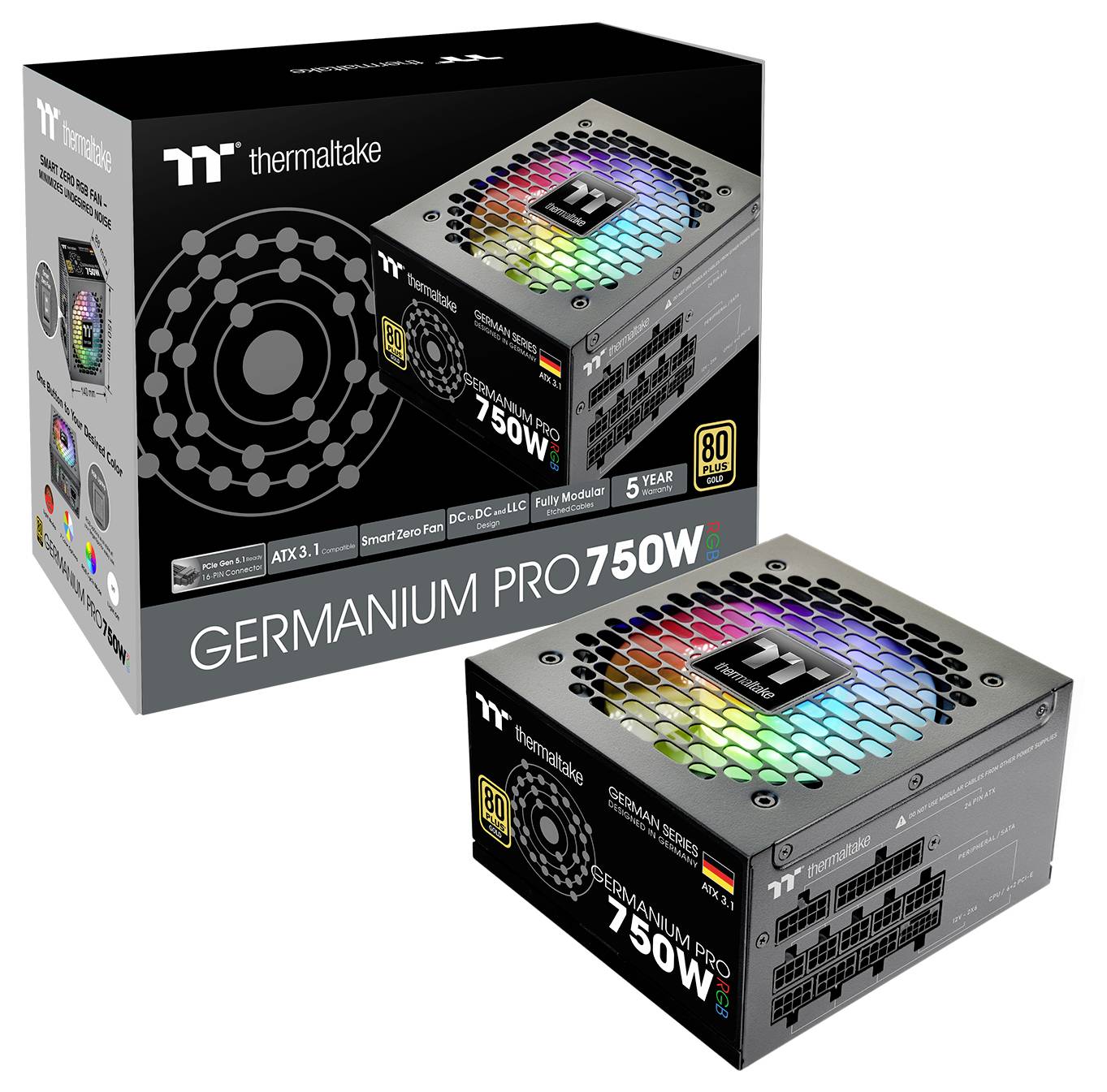 Obrázek zobrazuje napájecí zdroj Thermaltake Germanium PRO 750W s RGB osvětlením, který má design ATX 3.1 a certifikaci 80 Plus Gold.