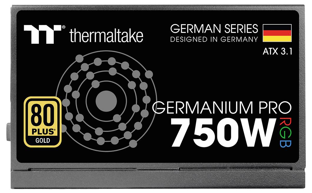 'Thermaltake Germanium Pro 750W RGB napájecí zdroj. Certifikace 80 Plus Gold s německým designem, splňuje standardy ATX 3.1.'