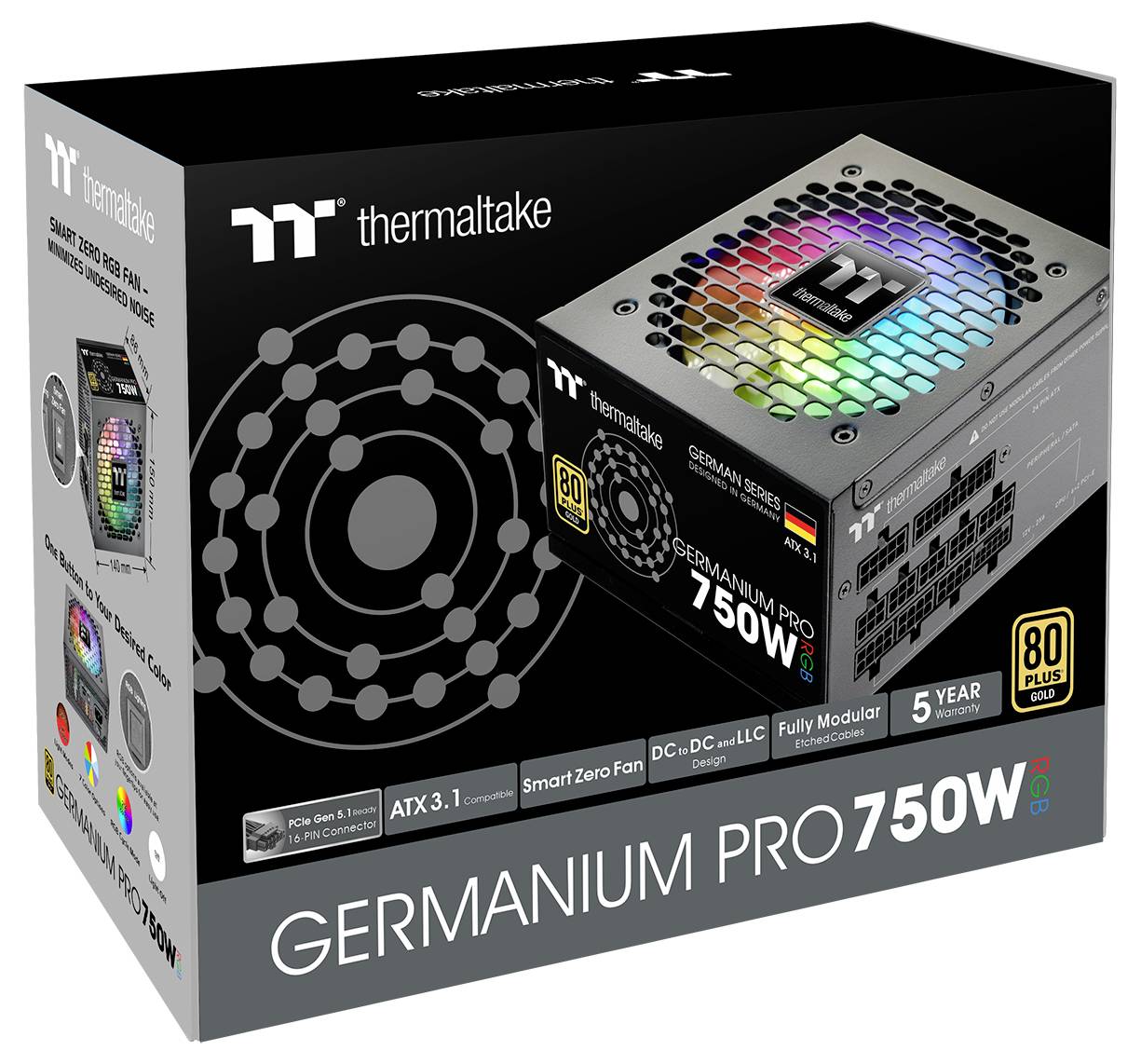 Napájecí zdroj Thermaltake Germanium Pro 750W RGB<br><br>Obal zobrazující produktové foto a klíčové vlastnosti:<br>- Inteligentní bezventilátor v klidovém režimu (smart zero fan)<br>- Plně modulární provedení<br>- 80 Plus Gold certifikace<br>- 5letá záruka