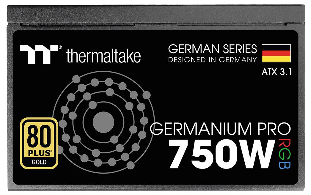 'Napájecí zdroj Thermaltake Germanium Pro 750W 80 Plus Gold RGB, ATX 3.1, součást německé série, navržený v Německu.'