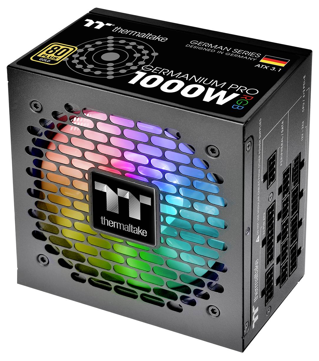 Thermaltake Germanium Pro 1000W napájecí zdroj s RGB osvětlením a certifikací 80 Plus Gold, s modulárními konektory.