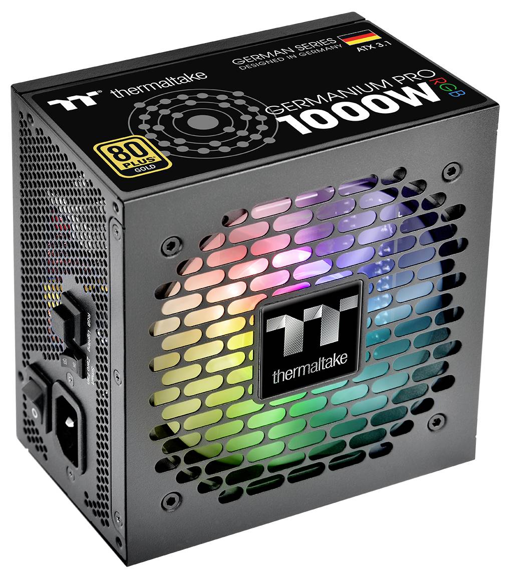 Napájecí zdroj Thermaltake, model Germanium Pro 1000W, výrazně zobrazující RGB osvětlení a certifikaci 80 Plus Gold.