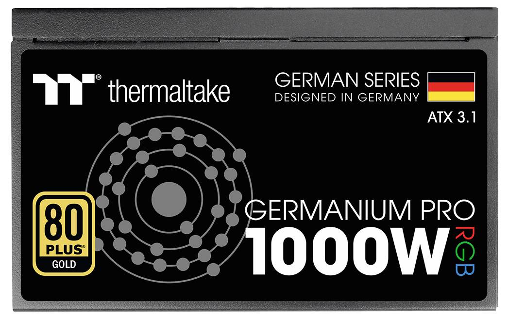 Napájecí zdroj 'Germanium Pro 1000W RGB' s certifikací 80 Plus Gold, navržený v Německu, od společnosti Thermaltake, ATX 3.1.