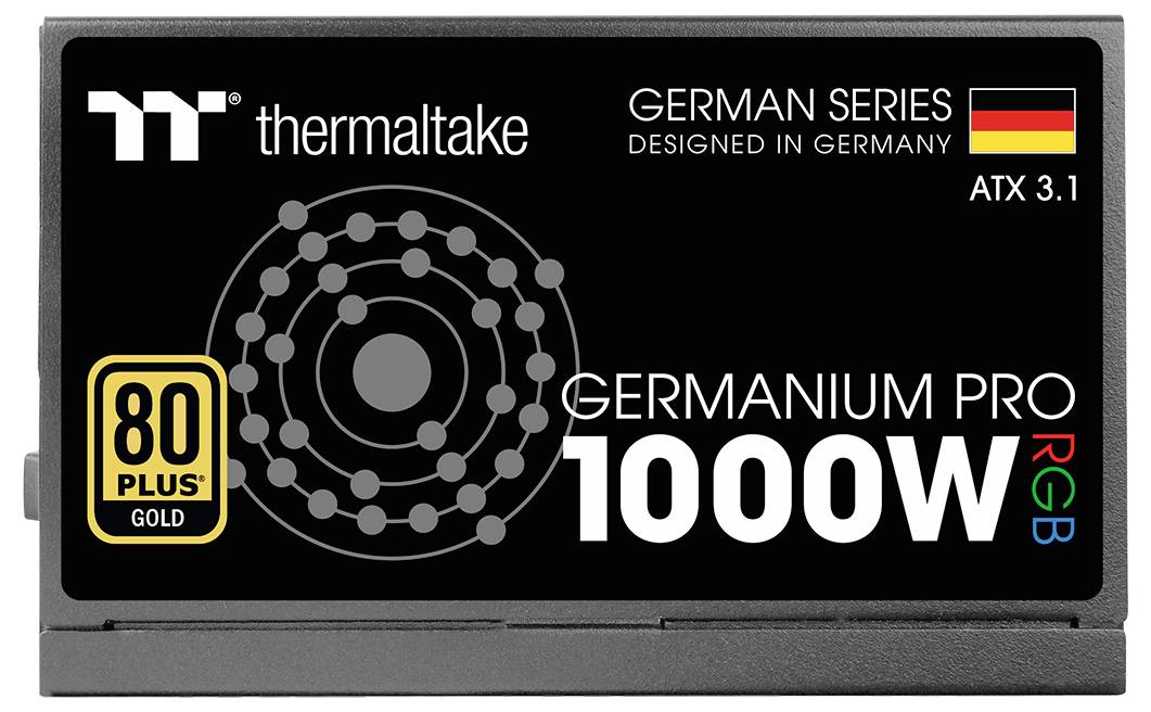 Napájecí zdroj s označením: 'Thermaltake Germanium Pro 1000W RGB', s certifikací 80 Plus Gold, navržený v Německu.