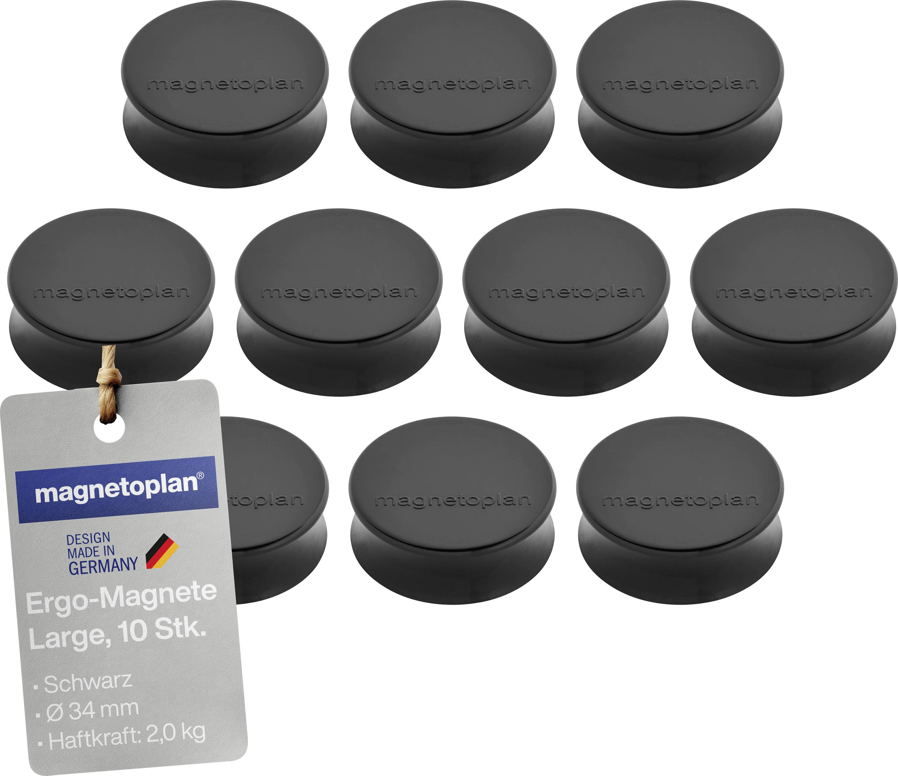 Deset černých kulatých magnetů, každý označený štítkem 'magnetoplan', s visačkou s textem 'Ergo-Magnete Large, 10 ks., Černá, Ø 34 mm, Přídržná síla: 2,0 kg'.