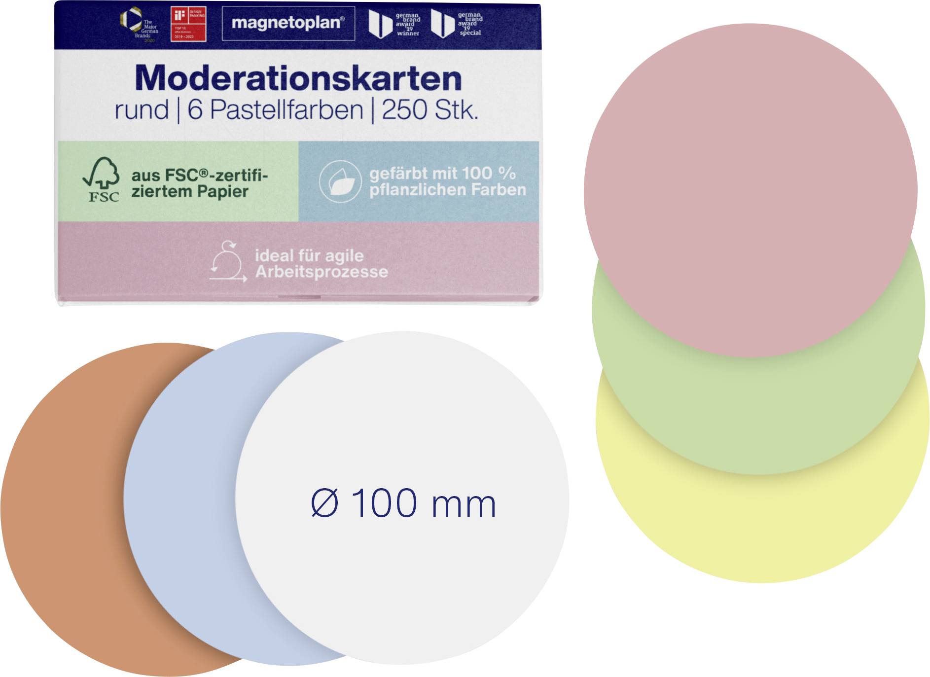 Balené kulaté moderační karty v pastelových barvách, 250 kusů, se třemi vzorky barev a vzorkovými překrývajícími se kruhy označenými 'Ø 100 mm'.