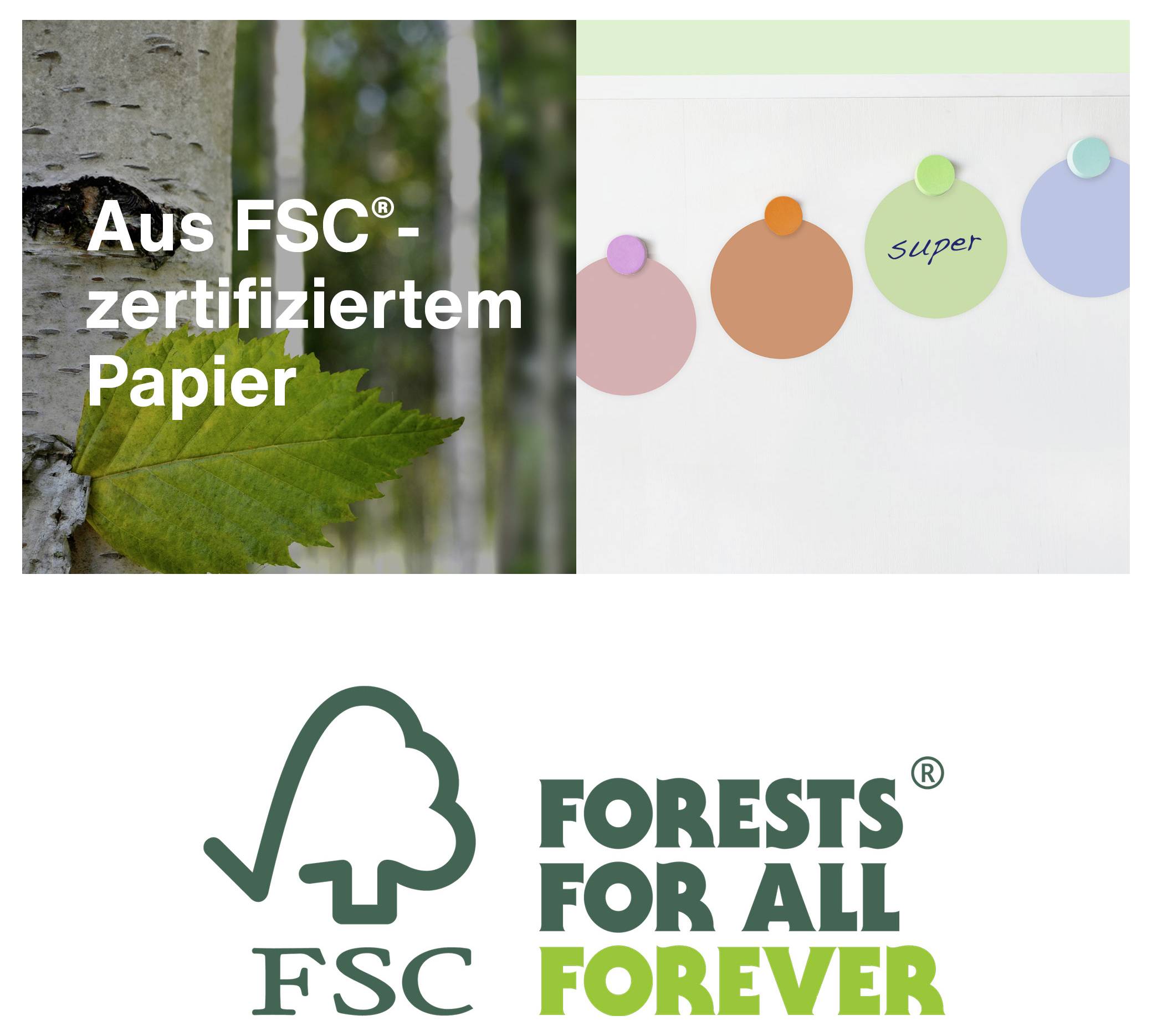 Reklamní grafika na papír certifikovaný FSC s lesním listem a logem FSC „FORESTS FOR ALL FOREVER".