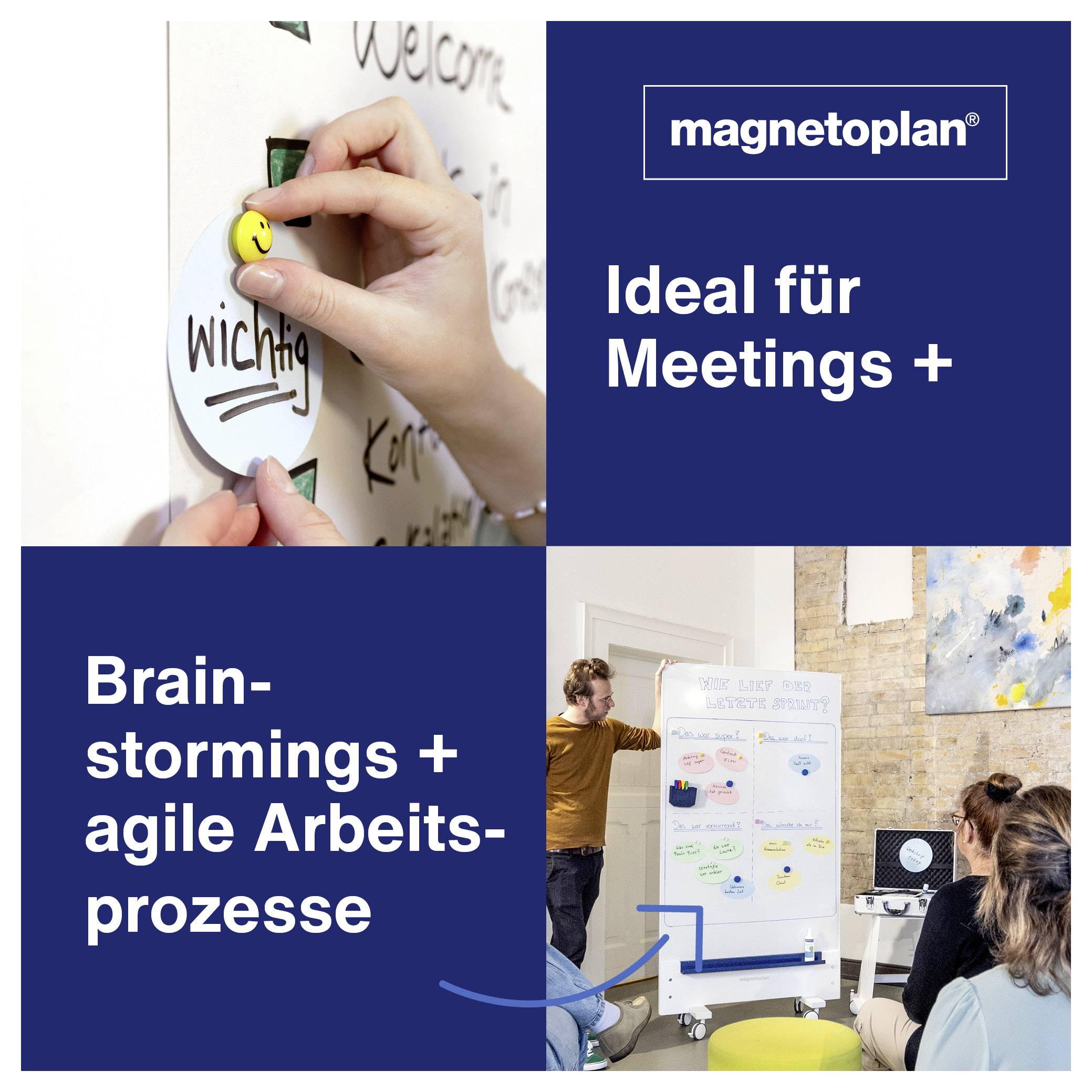 Reklamní grafika s logem Magnetoplan; ruce připevňují poznámku na whiteboard. Texty: 'Ideální pro schůzky +' a 'Brainstormingu + agilní pracovní procesy'.