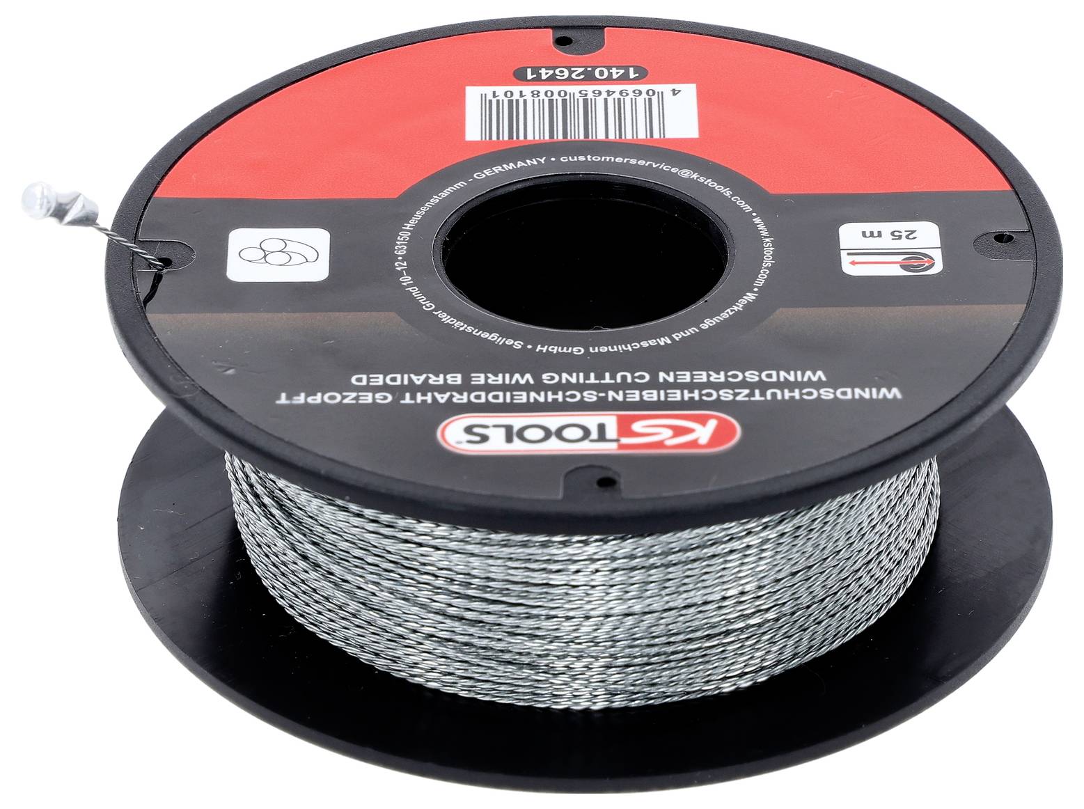 Cívka drátu KS Tools na řezání autoskla, model 140.2641, dlouhá 25 metrů, vystavená s visačkou zobrazující detaily produktu.