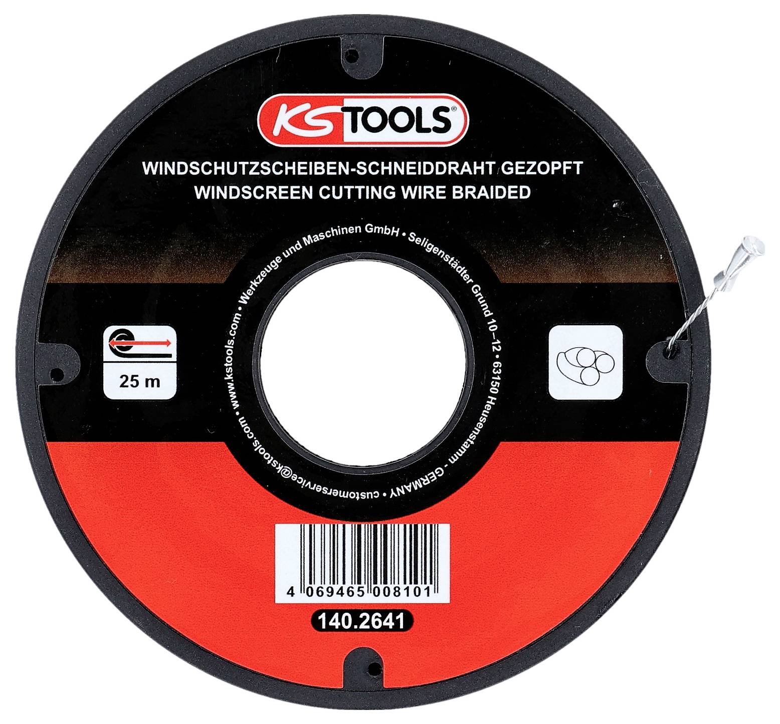 Cívka oplétaného řezacího drátu na čelní sklo od KS Tools, 25 metrů, červeno-černý design, kód produktu 140.2641, štítek v němčině a angličtině.