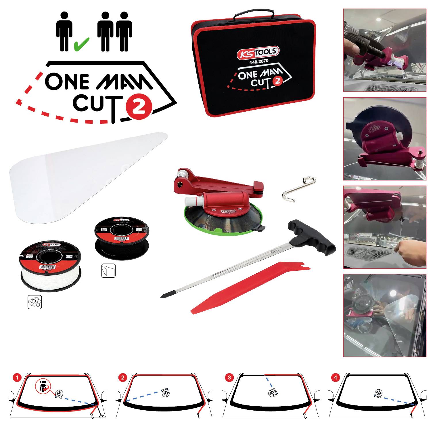 Sada nástrojů 'One Man Cut 2' pro přesné řezání skla, obsahuje přepravní kufřík, sklenářský řezací nástroj, navíjecí dráty, rukojeť, výukové diagramy a obrázky znázorňující postup použití.