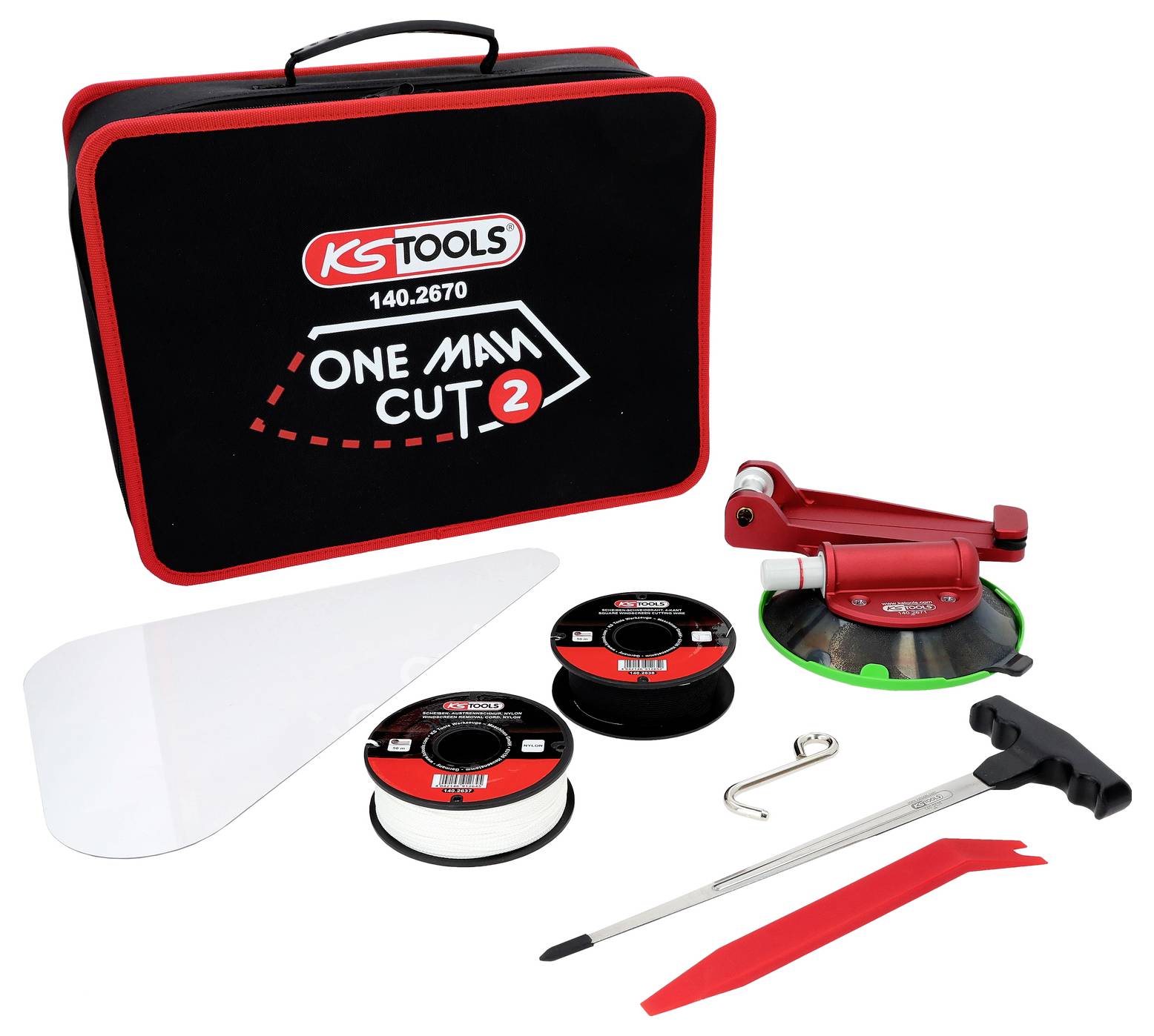 Sada 'KS Tools One Man Cut 2' s černým a červeným pouzdrem, řezacími nástroji, filmovými rolemi, přísavkou a příslušenstvím pro řezání skla.