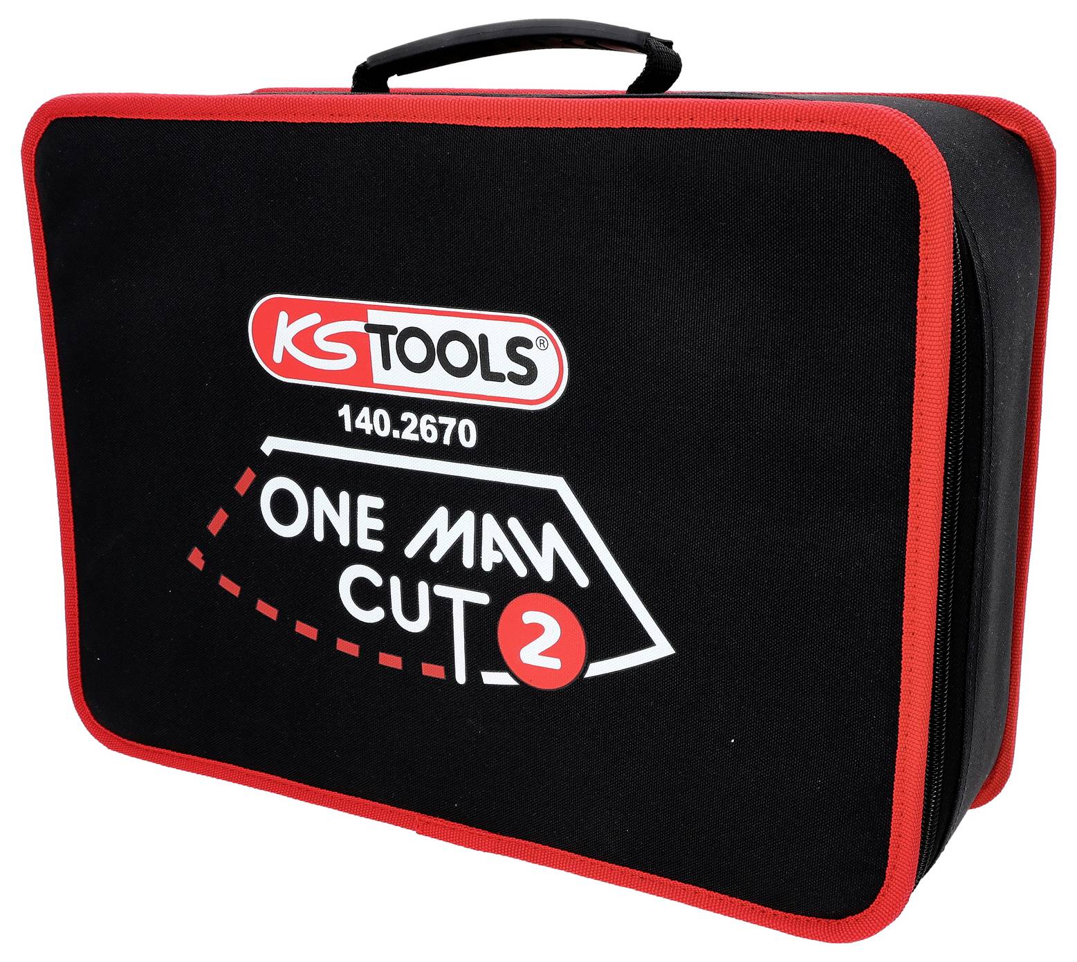 Černý a červený přepravní kufr značky KS Tools s nálepkou "One Man Cut 2".