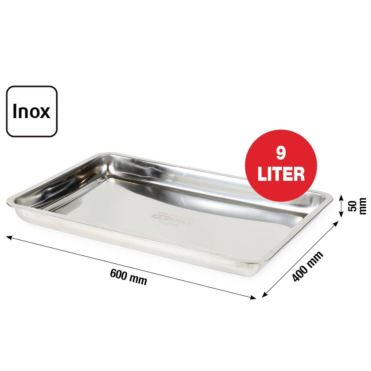 Nerezový podnos s označením 'Inox', rozměry: 600 mm x 400 mm x 50 mm, kapacita nádoby: 9 litrů, zobrazený z úhlového pohledu.