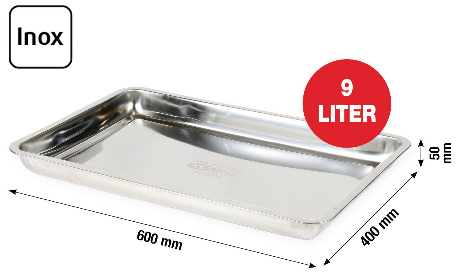 Nerezový podnos označený štítkem 'Inox' s rozměry 600 mm x 400 mm x 50 mm, s objemem 9 litrů.
