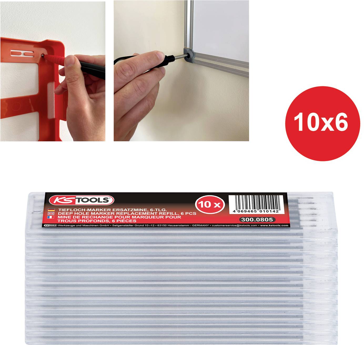Sada náhradních náplní do popisovačů značky 'KS Tools', 10 balení po 6 kusech, zobrazeno s právě doplňovaným popisovačem.