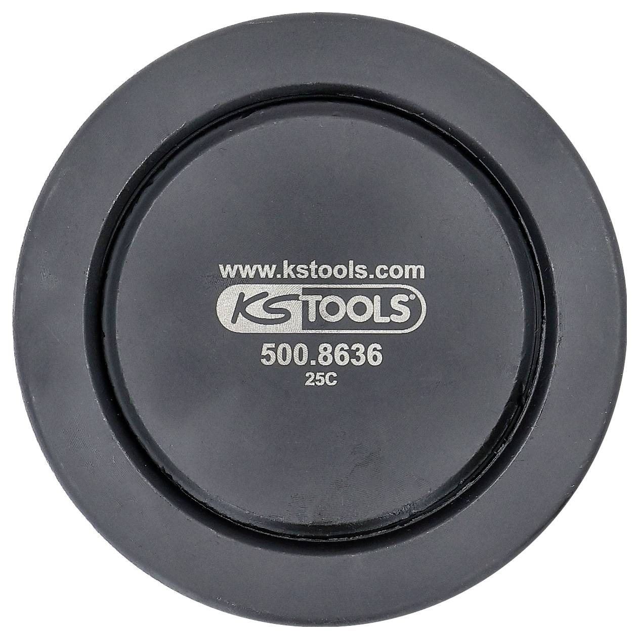 Černý kruhový gumový podložka s webovou stránkou 'www.kstools.com' a výrobním číslem modelu '500.8636 25C' vytištěným nahoře.