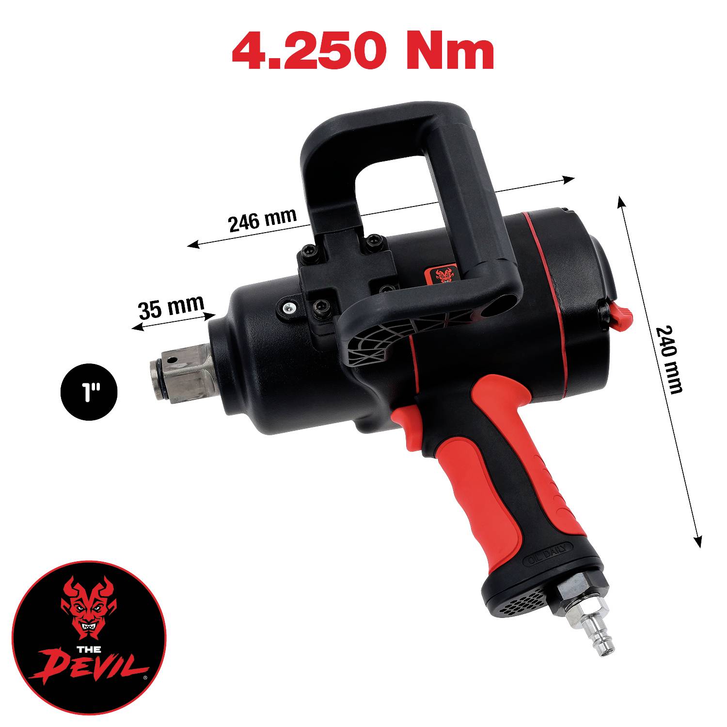 Pohled z boku na rázový utahovák 'Ďábel' s točivým momentem 4 250 Nm, v červeno-černém designu, délka 246 mm, výška 240 mm, šířka 35 mm a s 1palcovým pohonem.