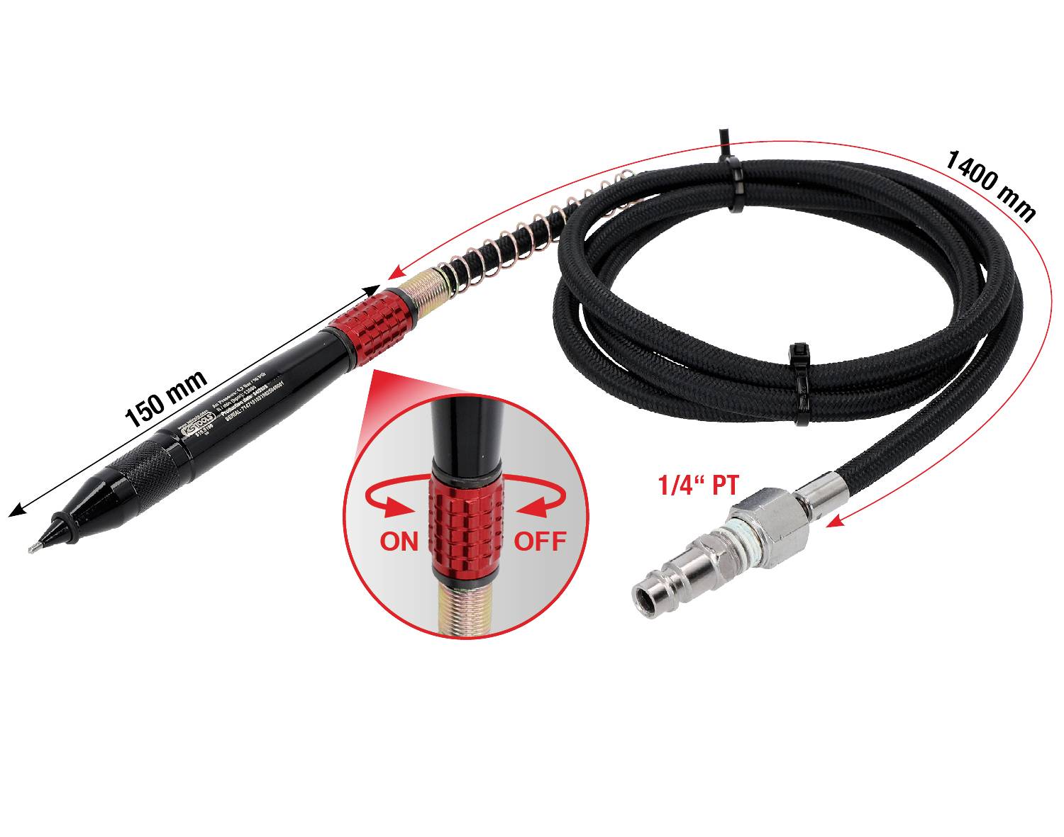 Kompaktní pneumatické pero o průměru 150 mm s 1400 mm hadicí, vybavené zapínacím/vypínacím otočným ovládáním a 1/4" PT konektorem.
