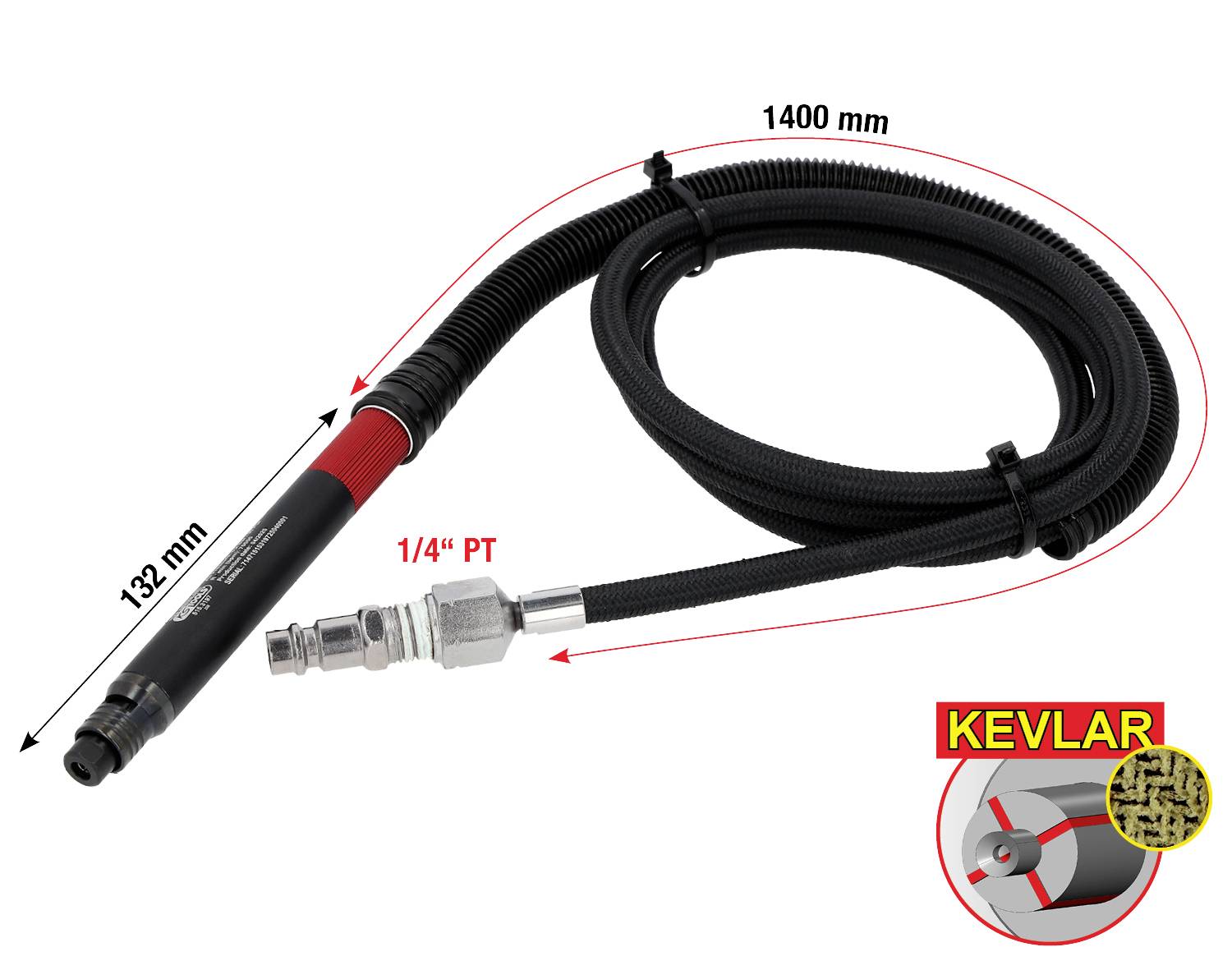 Vysokotlaká hadice s kovovým konektorem, délky 1400 mm, průměru 132 mm, označená jako Kevlar.